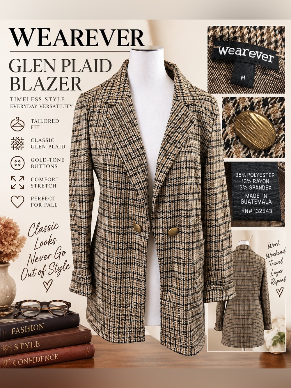 Wearever Glen Plaid Blazer Gold Buttons Brown Tan Black Size M